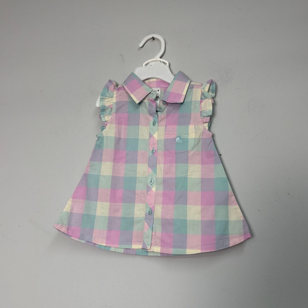 Carhartt Baby Girl 12M Plaid Ruffle Shirt and Bloomer Set Pastel Pink Blue 2pc